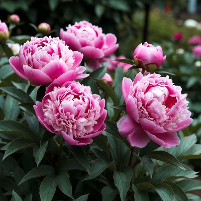 Pink peonies bloom in garden