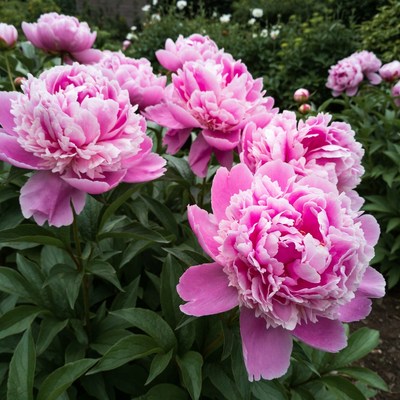 Pink peonies blooming in garden