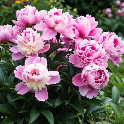 Pink peonies bloom in garden
