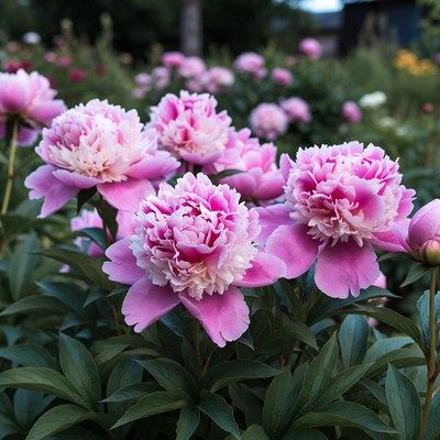Pink peonies in a garden bloom