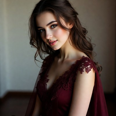 Woman posing in a burgundy dress