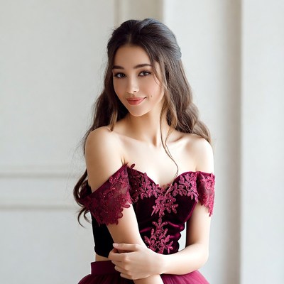Woman in burgundy dress poses in studio