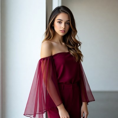 Woman in burgundy off-shoulder outfit indoors