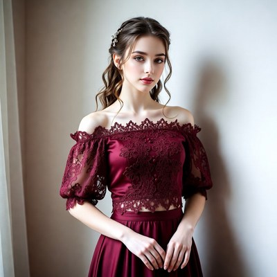Model in burgundy dress by window