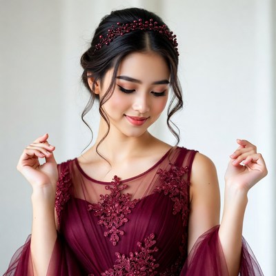Young woman in burgundy dress indoors