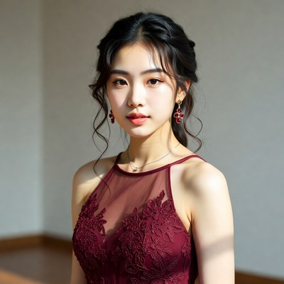 Young woman in burgundy dress at indoor event