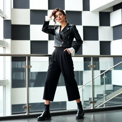 Model poses in modern building