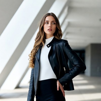 Woman in black leather jacket posing