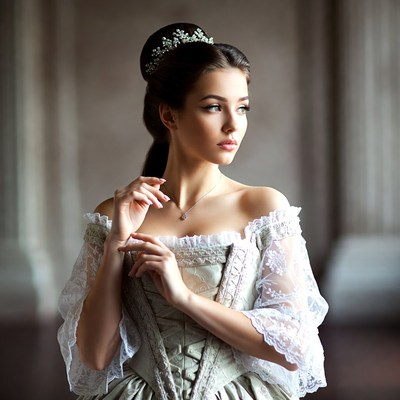 Young woman in elegant gown poses indoors