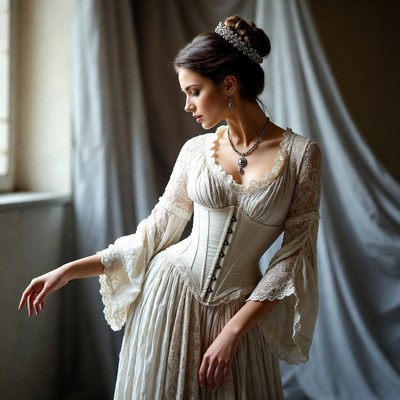Woman in vintage dress by window
