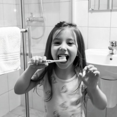 Child brushing teeth in bathroom
