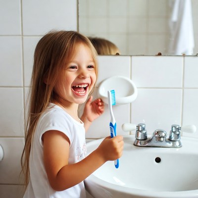 Young girl brushing teeth in bathroom