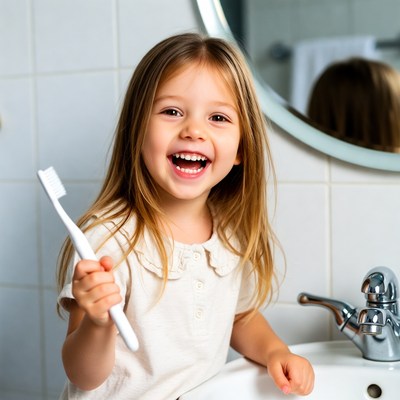 Happy child brushing teeth in bathroom