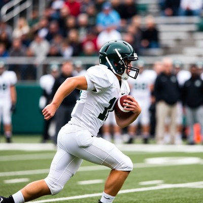 Player runs with football during game