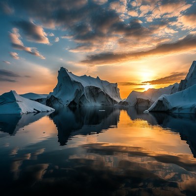 Sunset over icebergs in water