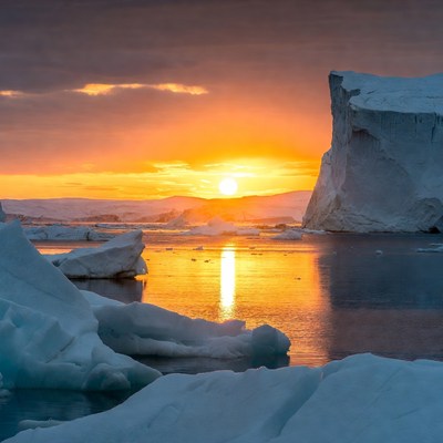 Sunset over arctic ice landscape
