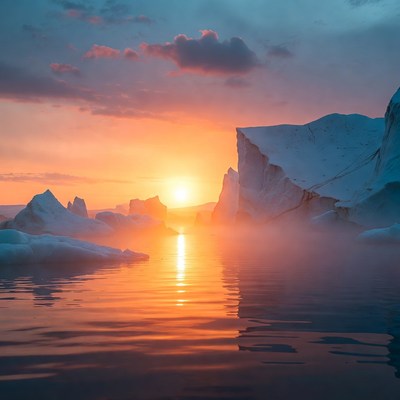 Sunset over icebergs in water