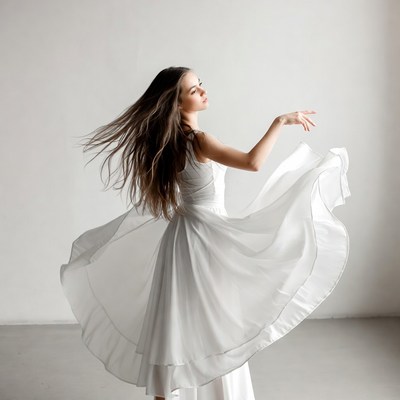 Girl twirling in white dress indoors