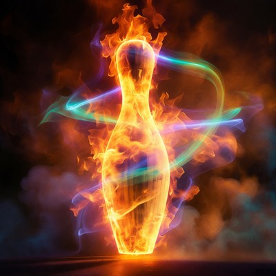 Burning bowling pin in motion