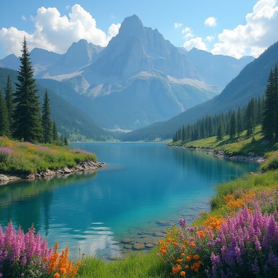 Mountain lake with flowers and trees