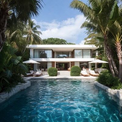 Lush villa with pool under blue sky
