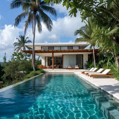 Modern villa with pool in tropical setting