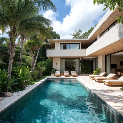 Modern villa with pool in sunny garden