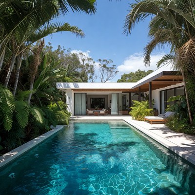Modern villa with pool in tropical setting