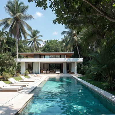 Modern villa by the pool in tropical setting