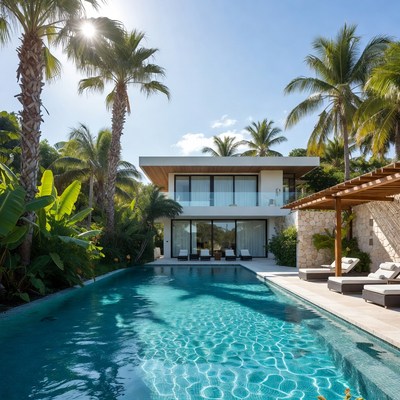 Modern house with pool and palm trees