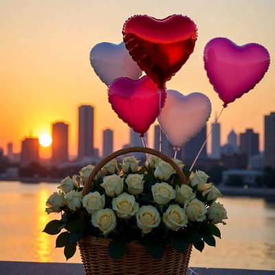 Sunset with roses and balloons