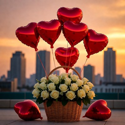 Romantic flowers and balloons at sunset