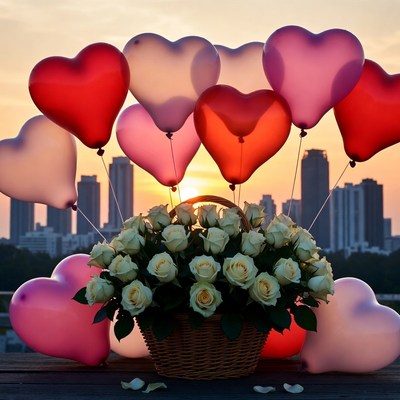 Heart balloons and roses at sunset