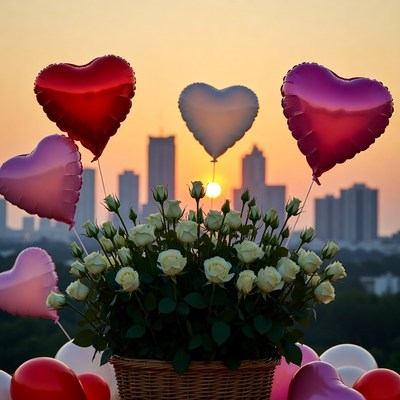 Heart balloons and flowers at sunset
