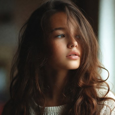 Young girl with long hair indoors