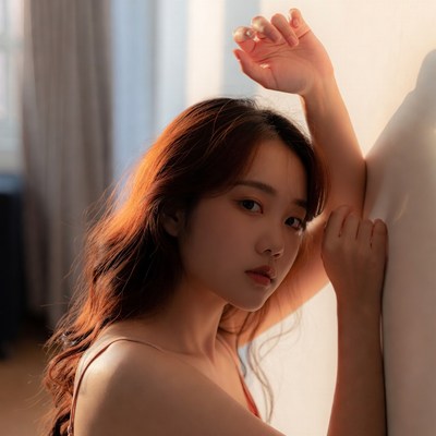 Woman posing against a wall