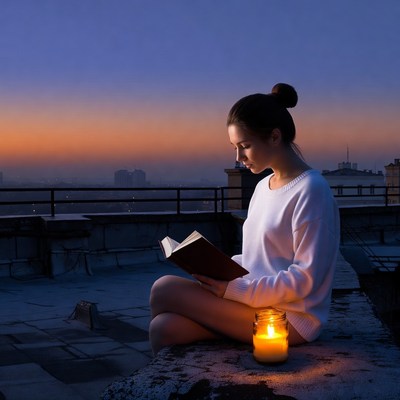 Reading a book at sunset