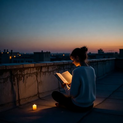 Reading at twilight on a rooftop