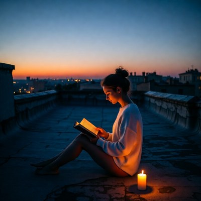 Reading by candlelight at sunset