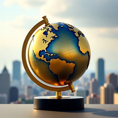 Globe on stand with city background