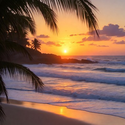Sunset over ocean waves at beach