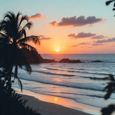 Sunset over the ocean with palm trees
