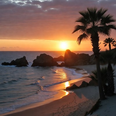 Sunset over the beach with palms