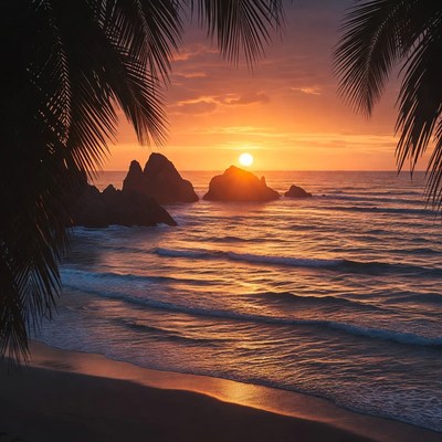 Sunset at rocky beach shoreline