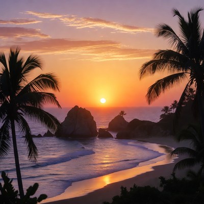 Sunset over the beach with palm trees
