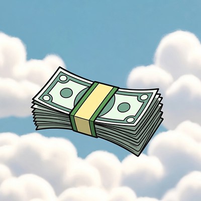 Money flying in a blue sky