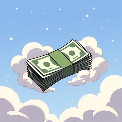 Money floating in a blue sky