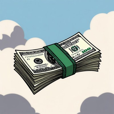 Cash bundle floating in sky