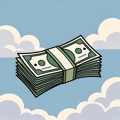 Stacks of cash floating in the sky