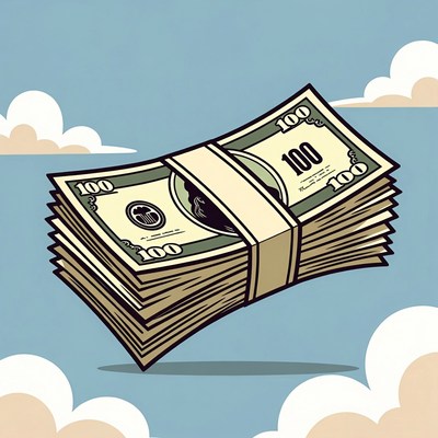 Floating stack of cash in blue sky